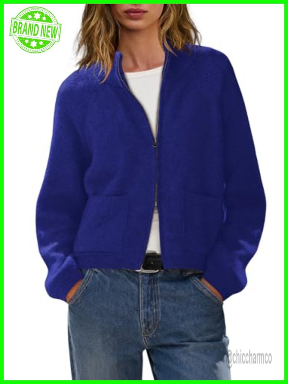 Women's Zip Up Cable Knit Cardigan Sweater with Pockets Ribbed Knit